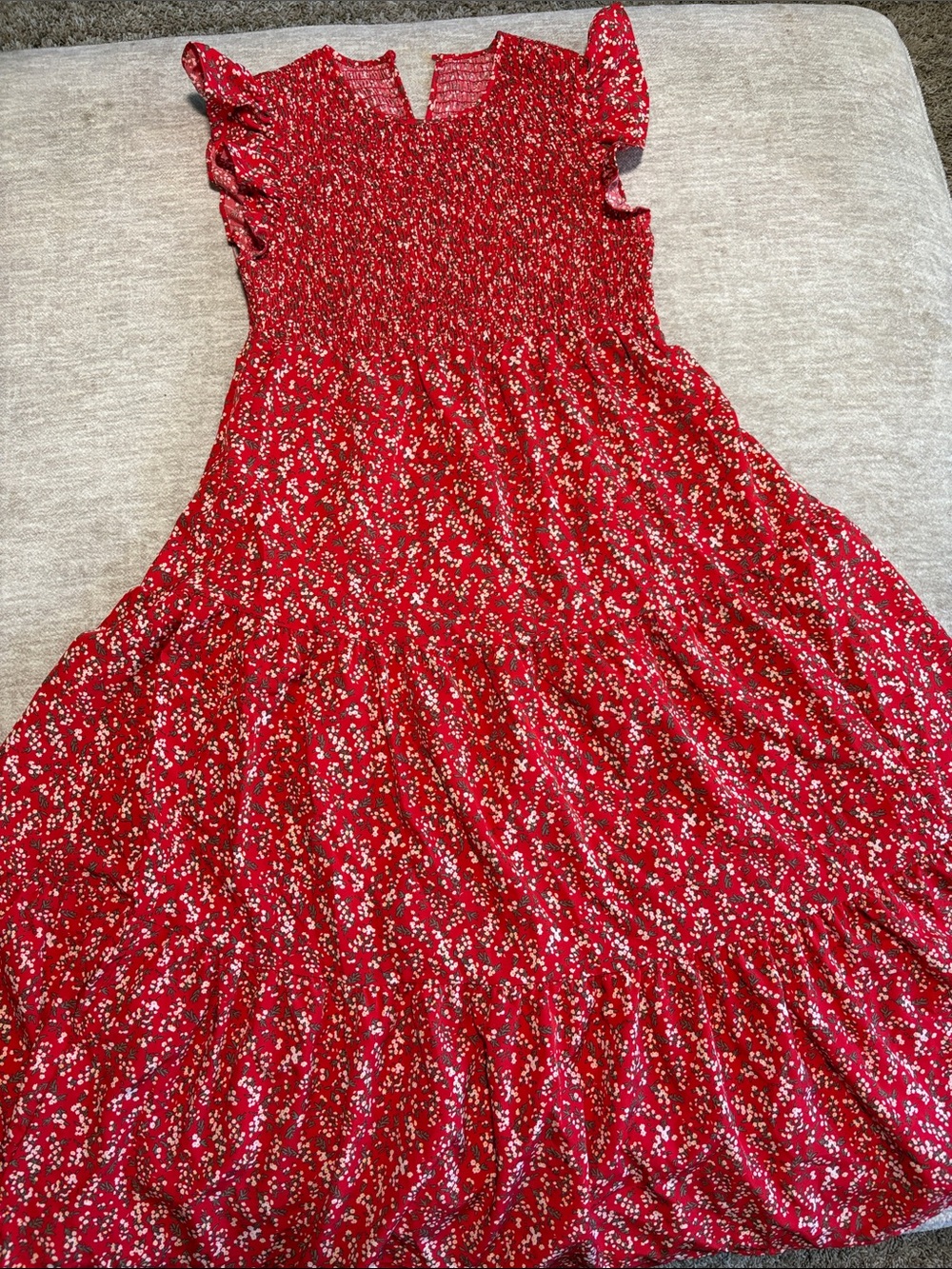 SHEIN Red Floral Smocked Maxi Dress with Flutter Sleeves